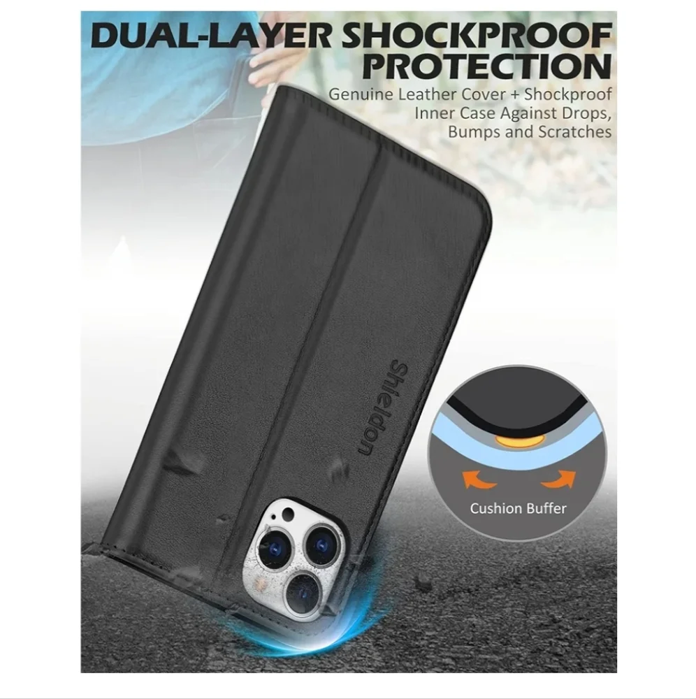 SHIELDON Case for iPhone 13 Pro Max 5G, Genuine Leather Wallet Case